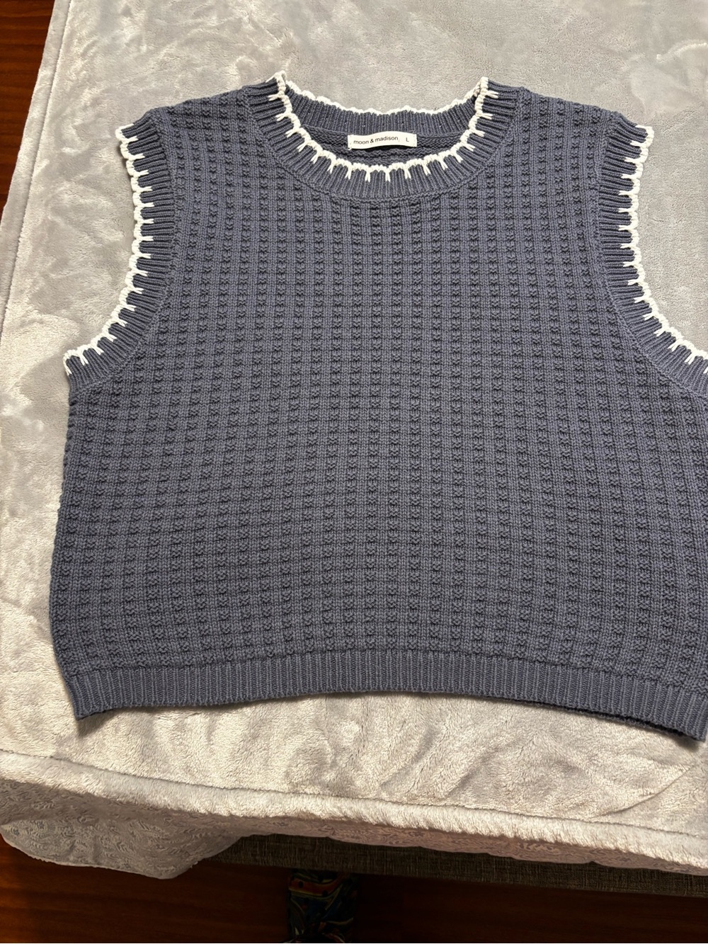 Women’s Slate Blue Sleeveless Knit Vest with White Trim